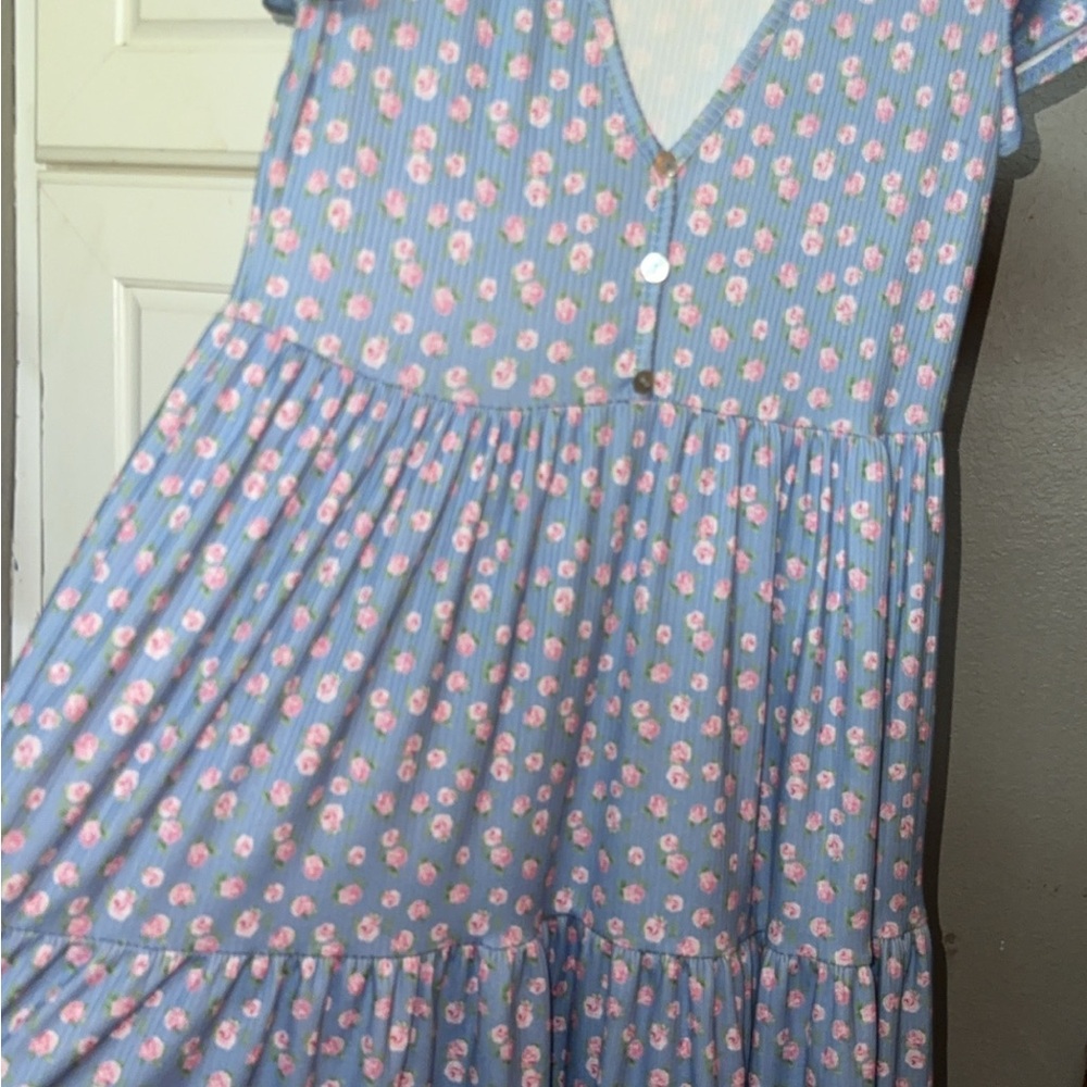 Floral Blue Dress with Pink Accents